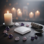 A styled tabletop scene with a white candle burning on the left, a white selenite  in the center, several polished crystals in purple and pink around it, a smudge bundle, and a small dish on a dark wooden surface against a softly blurred background of more candles.