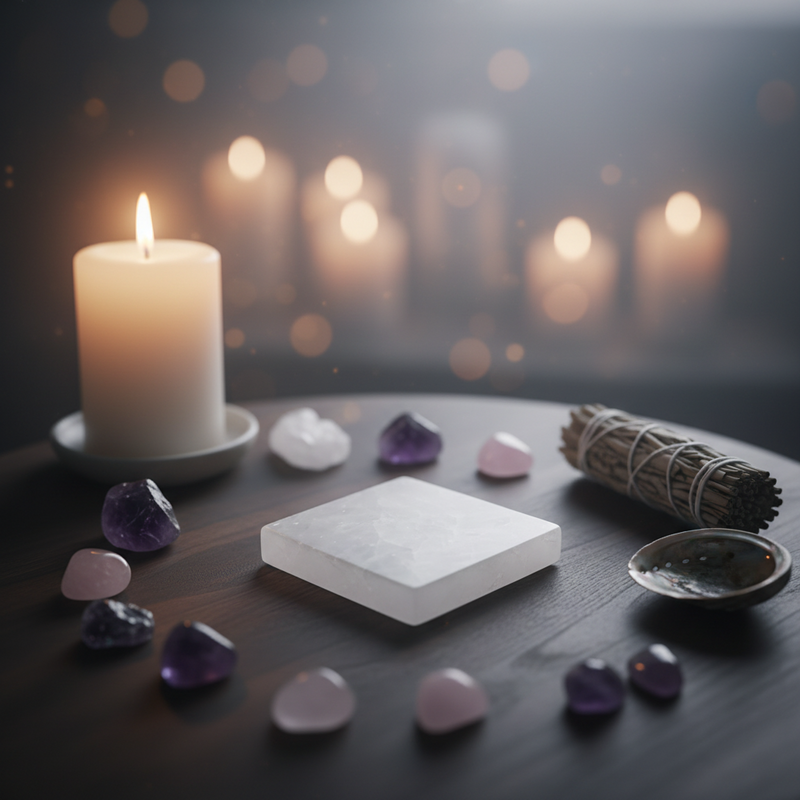 A styled tabletop scene with a white candle burning on the left, a white selenite  in the center, several polished crystals in purple and pink around it, a smudge bundle, and a small dish on a dark wooden surface against a softly blurred background of more candles.
