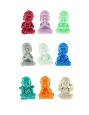 Set of colorful Buddha figurines with different colors and inscriptions on a white background