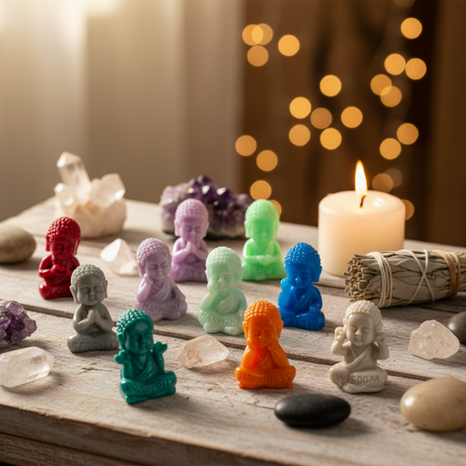 A collection of small, colorful chakra meditating Buddha figurines arranged on a rustic wooden surface with crystals, a burning candle, and a smudge bundle in a warm, atmospheric setting.