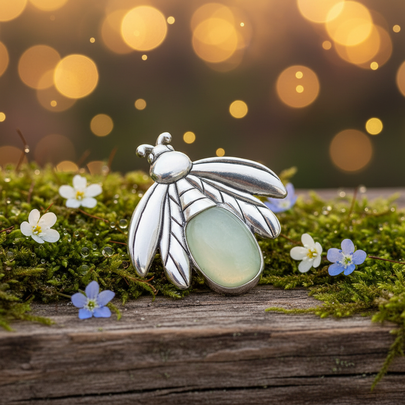 A silver Firefly charm with a smooth, oval light green stone in its abdomen, resting on a rustic wooden surface covered in green moss and small white and blue flowers, with a warm, glowing bokeh background.