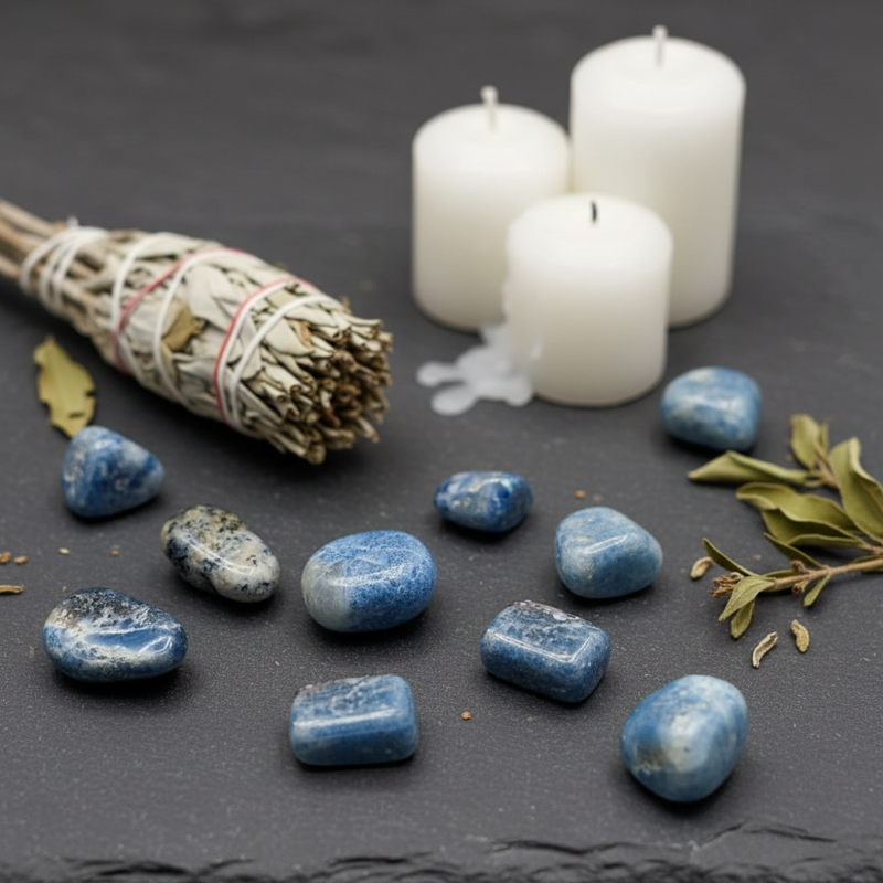 Blue and white marbled stones with on a slate background with white candles, herbs and sage.