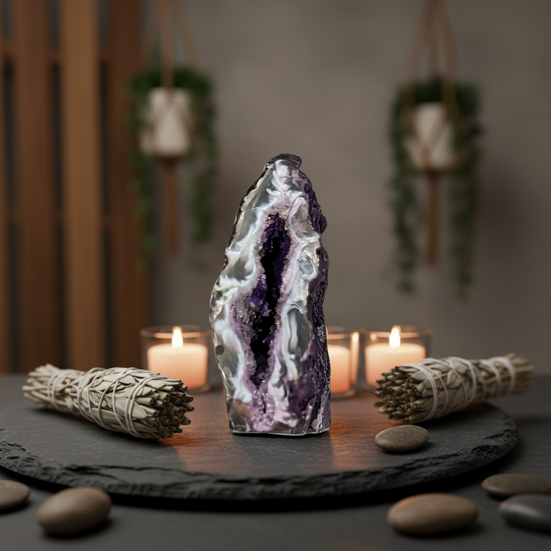 A polished purple and white agate crystal cluster stands on a dark slate tray, surrounded by two white sage smudge bundles, small lit candles, and smooth stones in a softly blurred indoor setting.