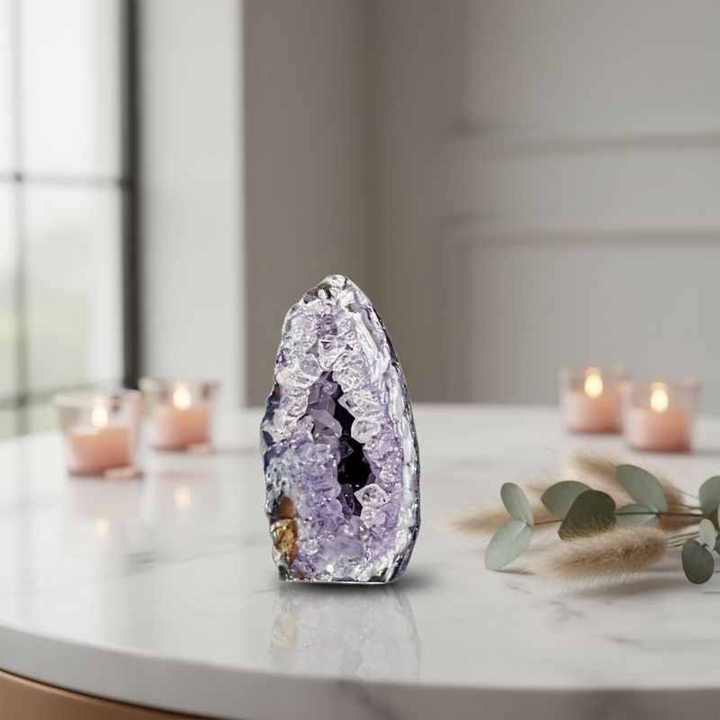 A polished purple dyed agate geode stands on a white marble tabletop in a softly lit room, with blurred pink candles and greenery in the background.