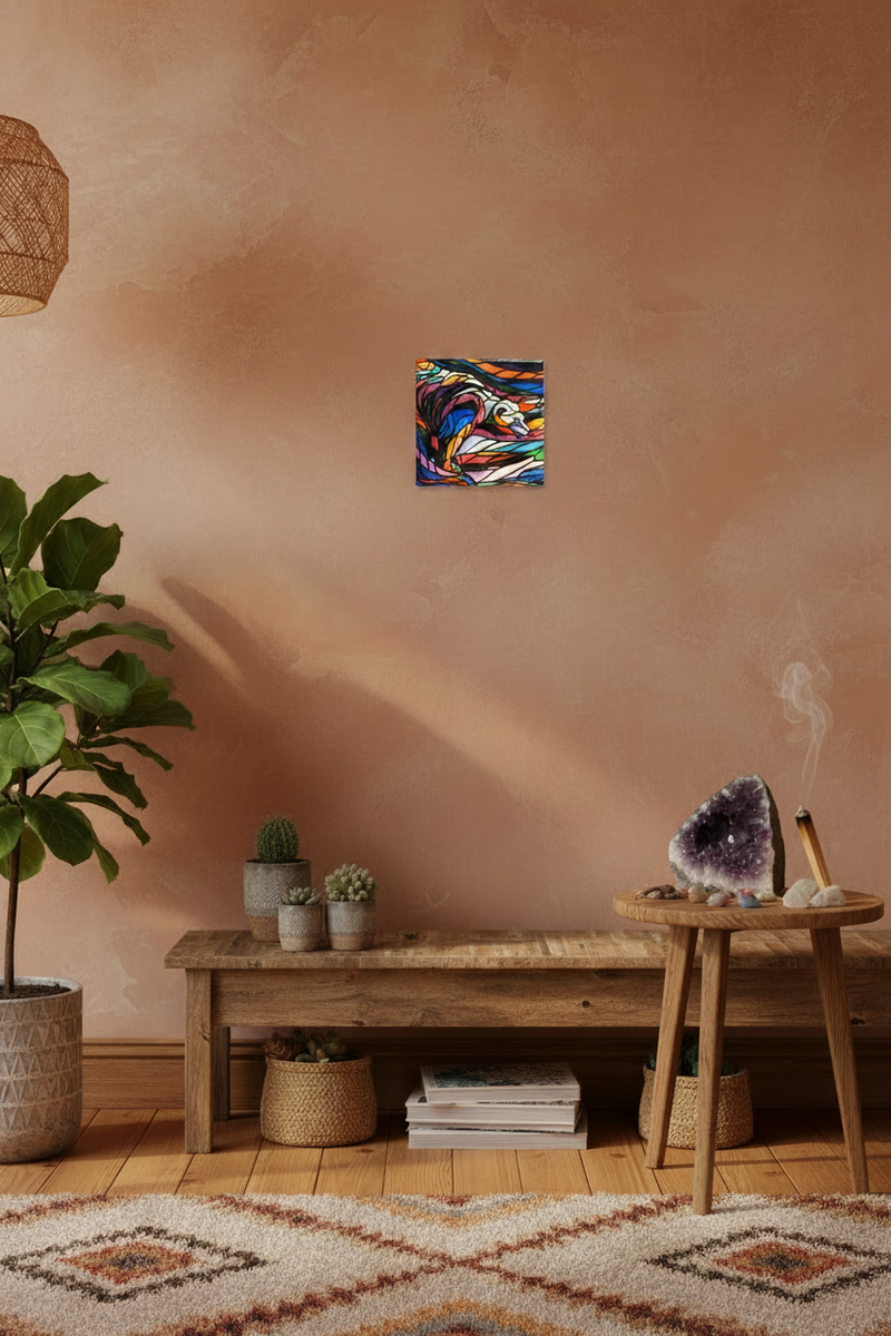 Don Chase Salmon Hunter wall plaque hangs on a textured terracotta wall in a styled room with a wooden bench, potted plants, a side table with a purple geode, and a patterned rug.