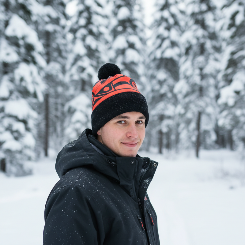 Person wearing a black and orange beanie in a snowy forest