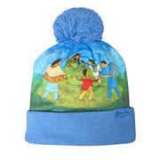 Blue beanie with a colorful design of people and a pom-pom on a white background