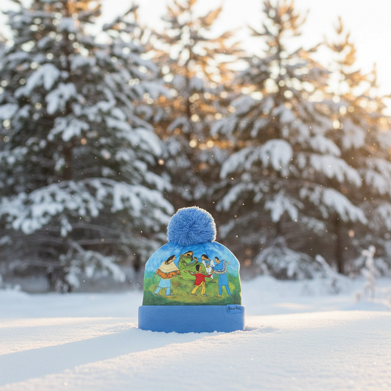 Blue beanie with a colorful design in a snowy landscape