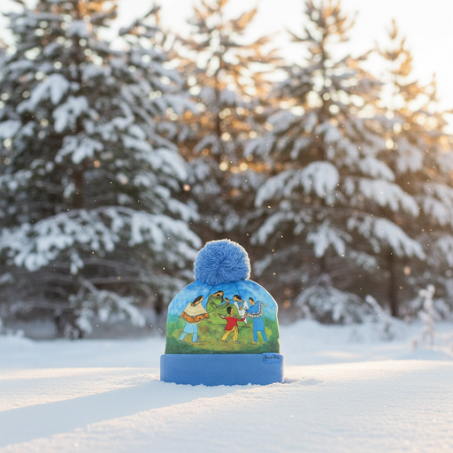 Blue beanie with a colorful design in a snowy landscape