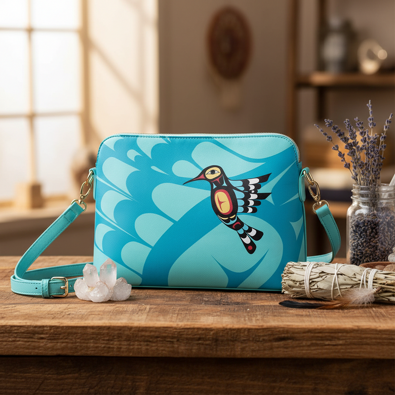 A turquoise blue crossbody bag with a stylized bird graphic in the center, resting on a wooden table with decorative crystals, dried lavender, and a sage bundle in a softly lit indoor setting.