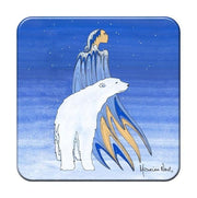 Coaster with a design of a polar bear and a person against a blue background