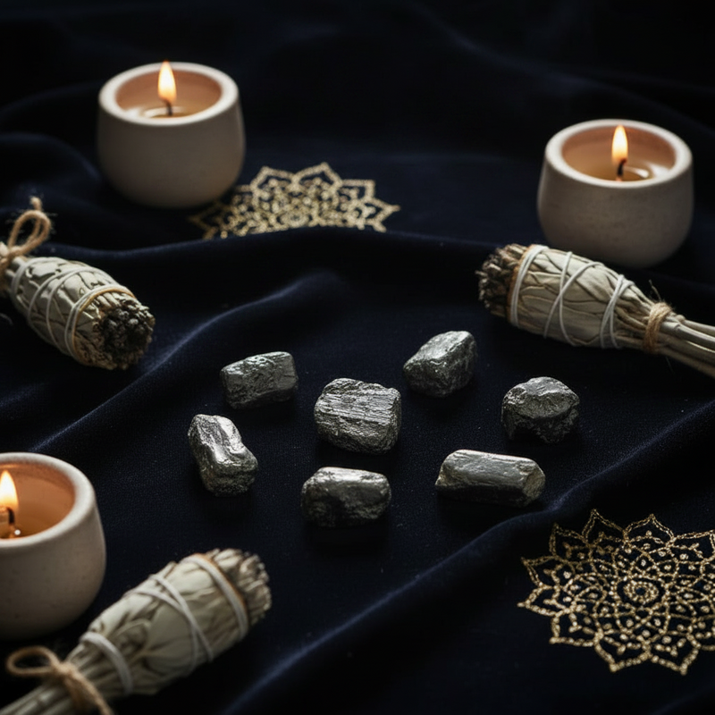 A styled flat-lay of raw silver-gray crystals arranged on a dark navy velvet cloth with gold mandala prints, surrounded by white sage bundles tied with twine and lit white ceramic candles.