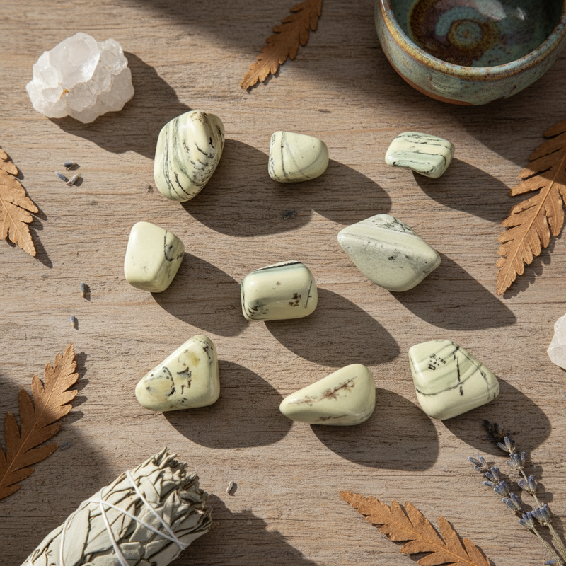 Infinite stones on a a sunlit table with fall leaves and herbs around.