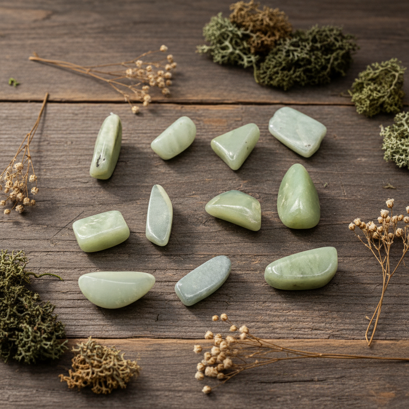 Green stones on a wooden table surrounded by moss and herbs.