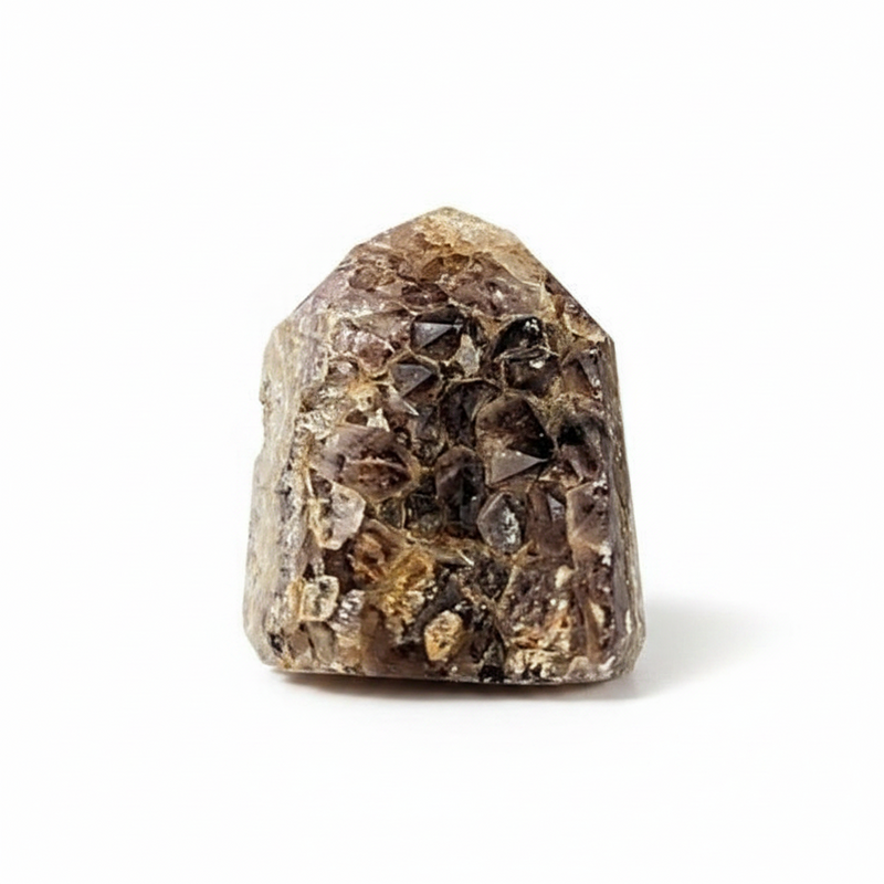 A raw amethyst crystal cluster with natural rough edges and internal inclusions, displayed on a clean white background.