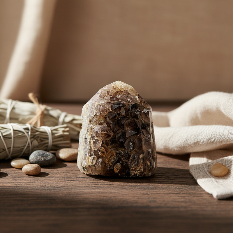 A raw crystal cluster with a rough, natural shape sits on a wooden surface, styled with dried sage bundles, smooth stones, and a cream linen cloth in warm, soft lighting.