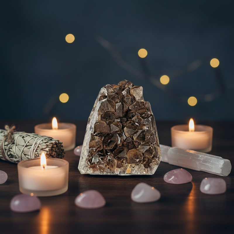 A crystal amethyst cluster centerpiece on a dark wooden surface, surrounded by lit tealight candles, a white sage bundle, a clear quartz wand, and pink rose quartz stones against a dark blue background with warm bokeh lights.