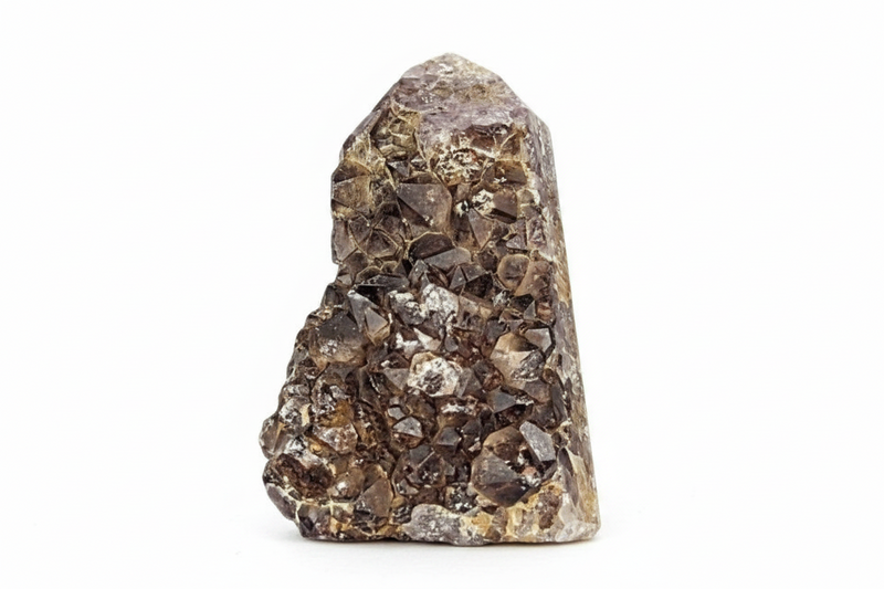A raw amethyst cluster tower  on a white background.