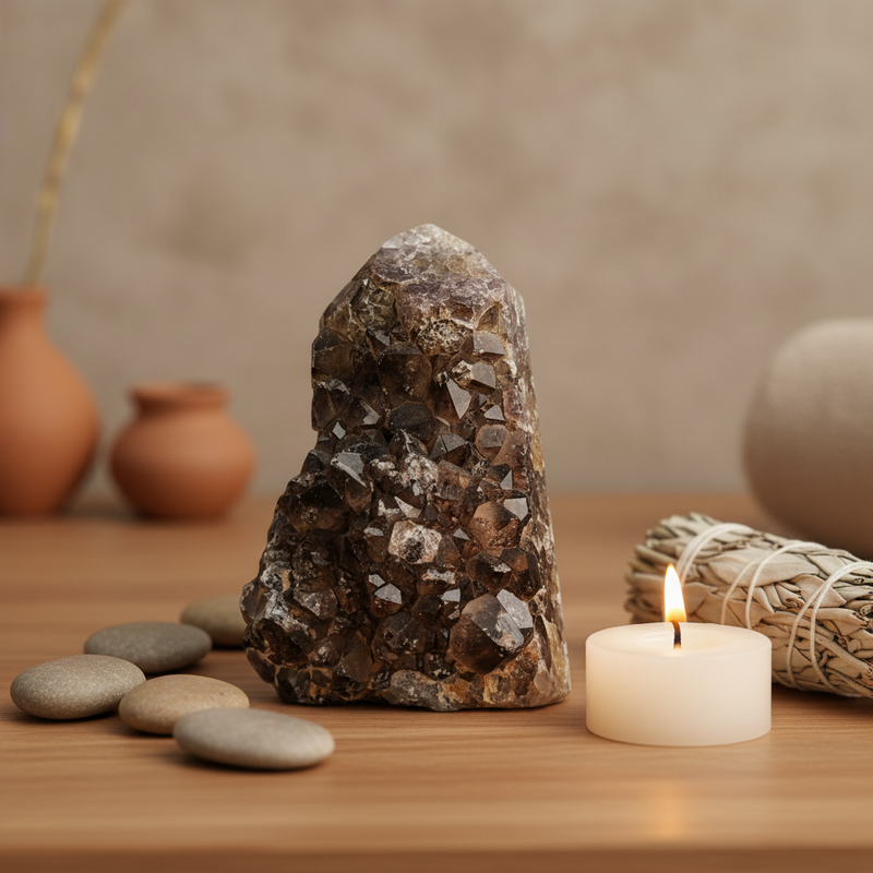 A natural rough crystal cluster with dark purple and gray crystalline structure stands on a wooden surface, styled with smooth gray stones, a lit white candle, a bundle of dried grass, and terracotta pots in the background.