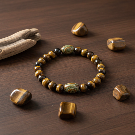 A beaded bracelet made of tiger's eye and dark brown beads, featuring two green and gold spiral-patterned accent beads, displayed on a dark wooden surface with scattered tiger's eye stones.