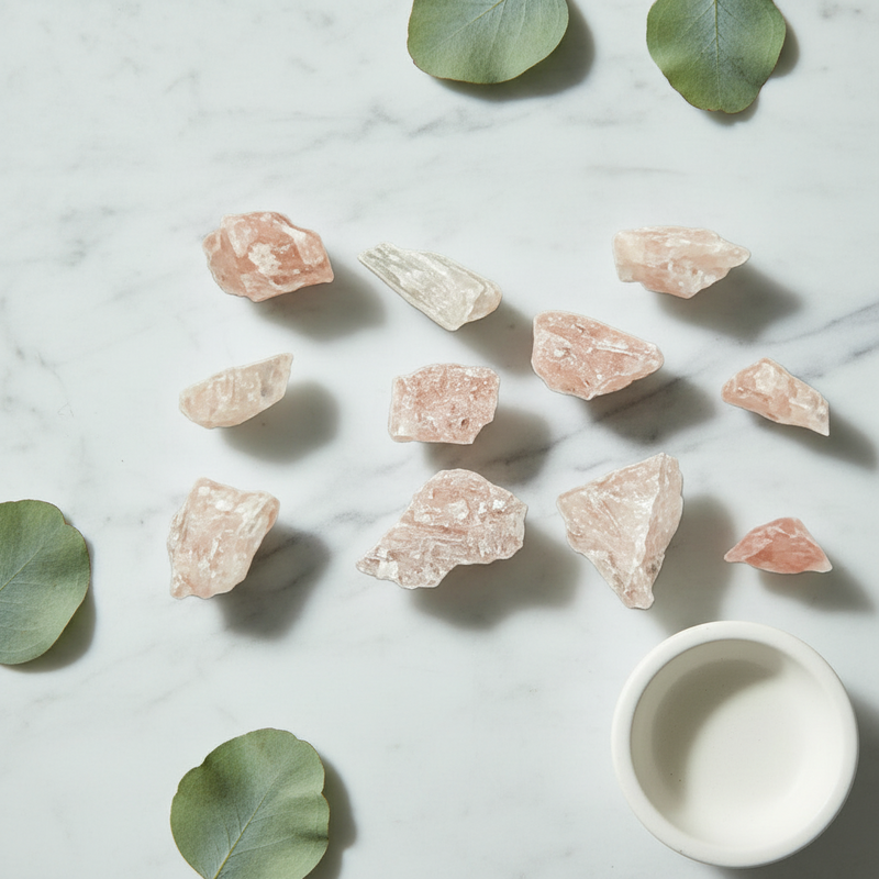 Several rough pale pink and clear crystal stones arranged on a white marble surface with green leaves and a small white cup in the corner.