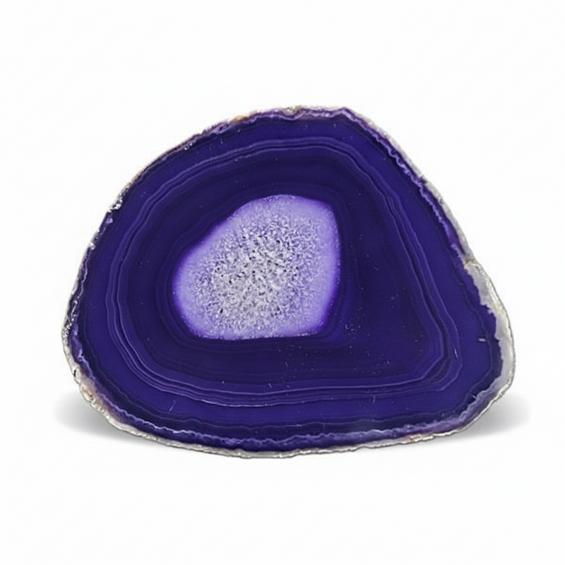 A polished slice of deep purple agate with concentric bands and a lighter lavender-purple central cavity, photographed on a clean white background.