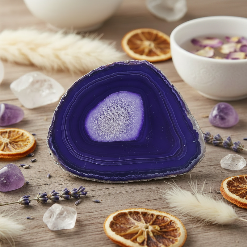 A polished purple agate slice crystal with concentric bands of deep violet and blue, displayed on a rustic wooden surface surrounded by dried orange slices, lavender sprigs, clear quartz crystals, white feathers, and small purple amethyst stones.