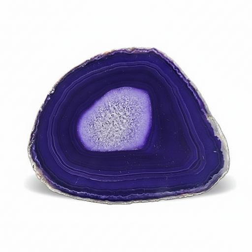 A polished slice of deep purple agate with concentric bands and a lighter lavender-purple central cavity, photographed on a clean white background.
