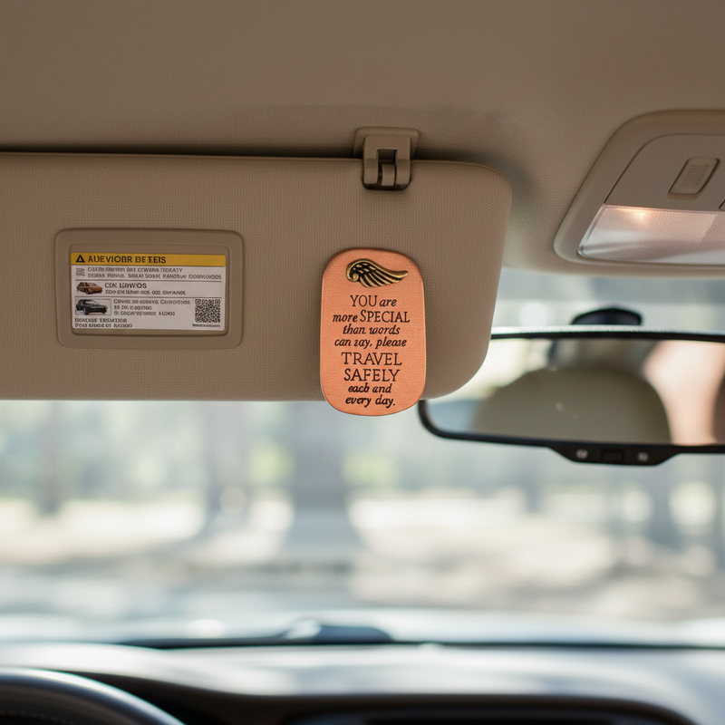 A copper-colored clip with text on a car's sun visor