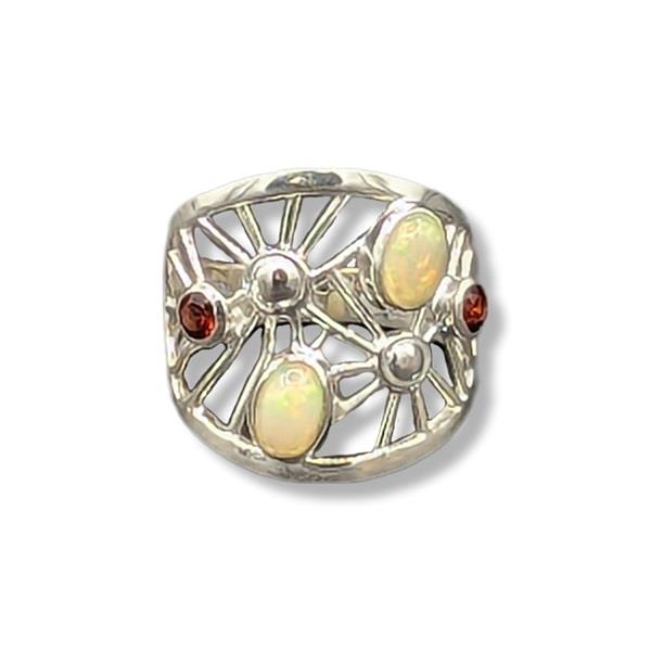 Ring Opal & Garnet Sterling Silver Size 7