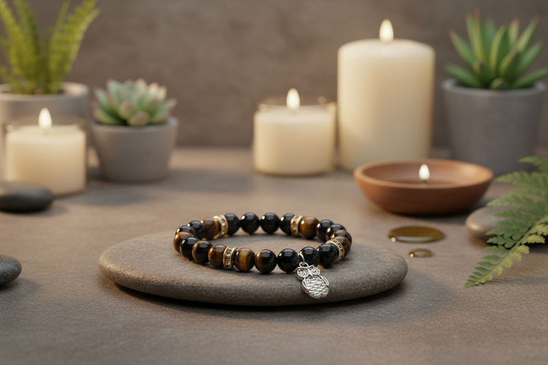 A beaded bracelet with dark brown and black tiger's eye beads and small metallic spacer rings, resting on a gray stone tray. The bracelet has a silver-toned charm.