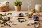 A styled tabletop scene with a beaded bracelet as the apparent product, surrounded by crystals, amethyst clusters, a smudging bundle, a bowl with cinnamon sticks and rising smoke, dried flowers, petals, leaves, and candles on a wooden surface.