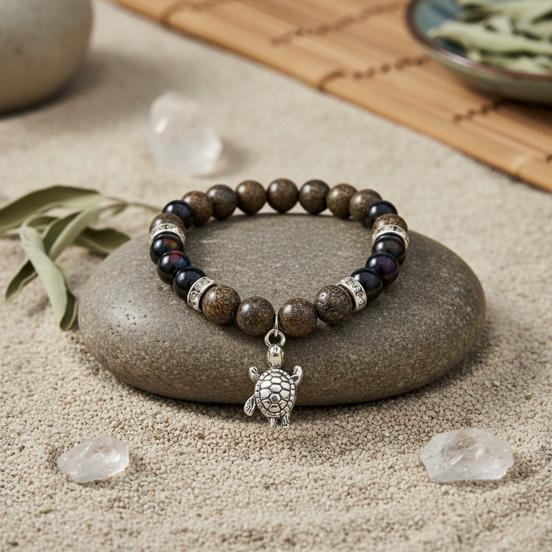 A beaded stretch bracelet with brown and black marbled beads, silver spacer rings, and a silver turtle charm, displayed on a smooth gray stone over sand with small crystal props.