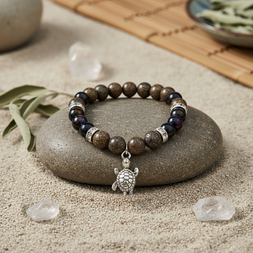 A beaded stretch bracelet with brown and black marbled beads, silver spacer rings, and a silver turtle charm, displayed on a smooth gray stone over sand with small crystal props.