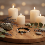 A beaded bracelet with black and clear beads and a silver frog charm rests on a wooden tray surrounded by lit candles, lavender sprigs, eucalyptus leaves, and smooth stones.