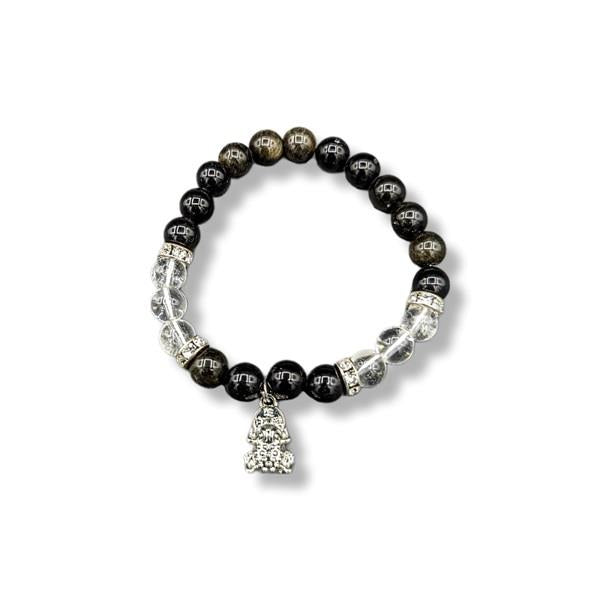 8mm Bracelet Goldsheen Obsidian & Quartz Crystal Frog