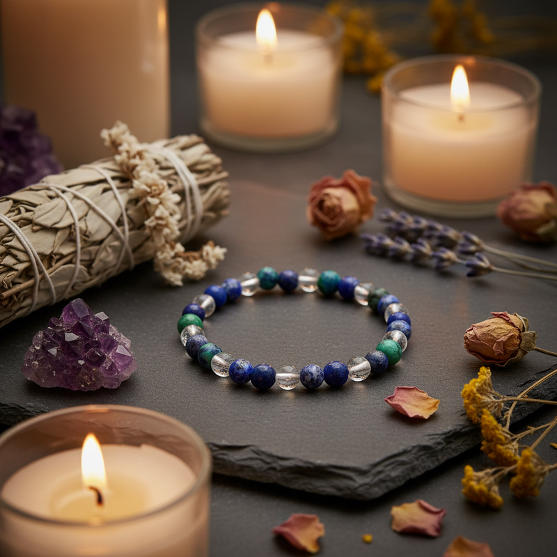 6mm Bracelet Chrysacolla, Lapis Lazuli, Quartz Crystal
