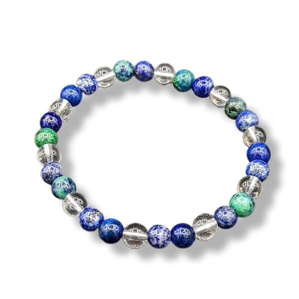 6mm Bracelet Chrysacolla, Lapis Lazuli, Quartz Crystal