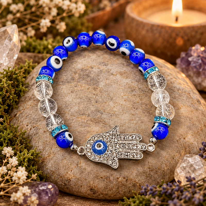 A beaded bracelet with blue and white evil eye beads, clear crystal beads, and a silver Hamsa hand charm with a blue eye, displayed on a large stone surrounded by crystals and dried flowers.