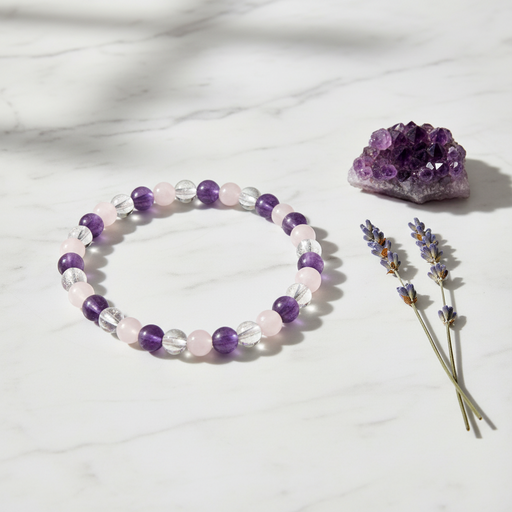 A beaded stretch bracelet with purple, light pink, and clear beads, displayed on a white marble surface next to a purple crystal cluster and dried lavender sprigs.