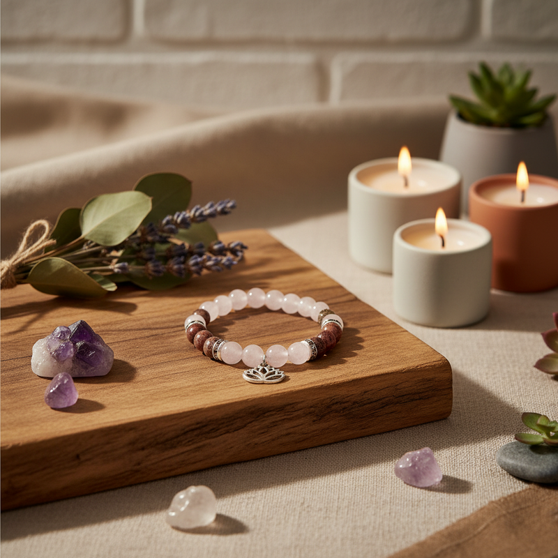 A beaded bracelet with pink stone beads, brown wooden beads, and a silver crown charm rests on a wooden board. The scene is styled with lit candles, crystals, dried lavender, and greenery on a neutral fabric surface.