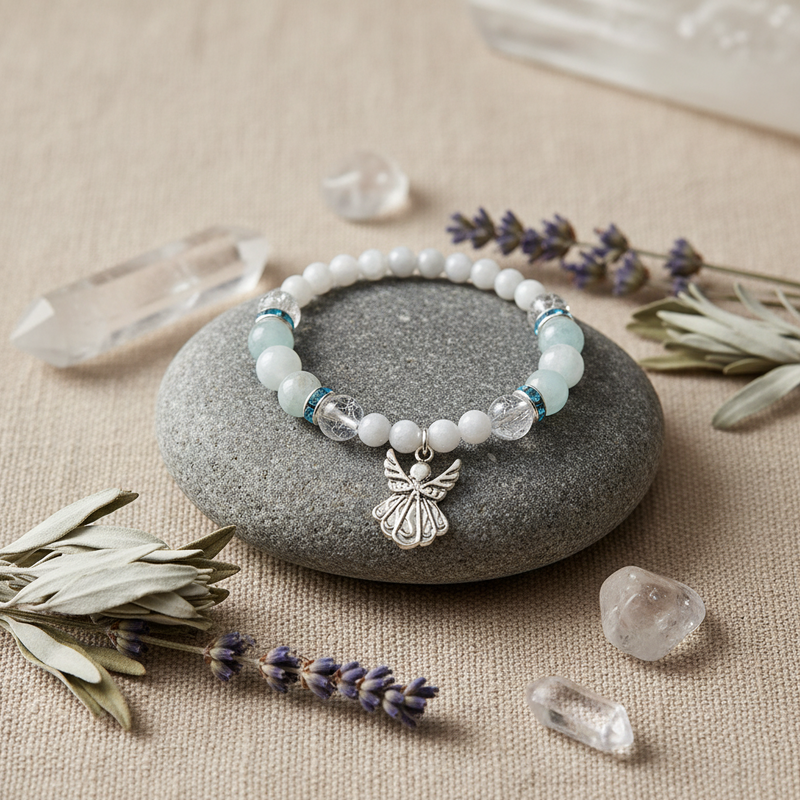 A beaded bracelet with white and light blue beads, clear crystal accents, and a silver angel charm, displayed on a smooth gray stone surrounded by lavender sprigs, quartz crystals, and a linen fabric background.