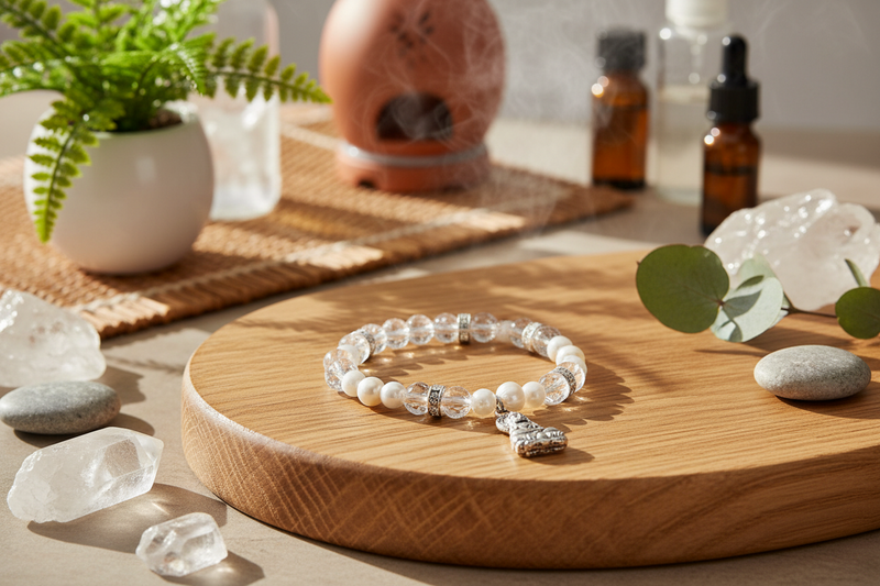 A beaded bracelet with clear faceted beads, white pearl-like beads, and silver spacer details, displayed on a round wooden tray with crystals, a small plant, and amber bottles in the background.