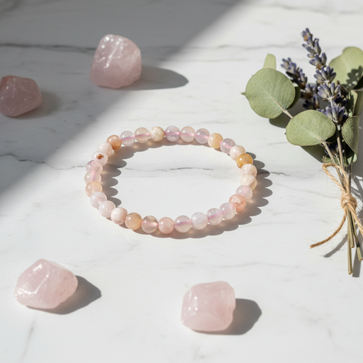 A beaded stretch bracelet made of round translucent pink and peach gemstone beads, styled on a white marble surface with pink crystal stones and a small sprig of green leaves and lavender.