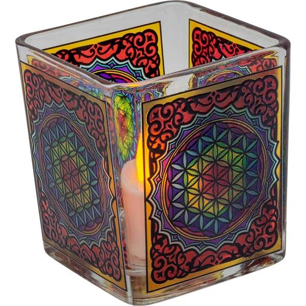 Glass Square Candle Holder Flower Of Life