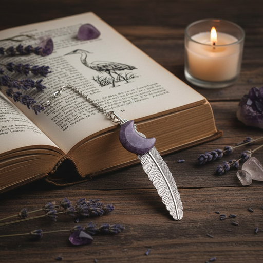 Bookmark with a feather and moon design on an open book with lavender and a candle.