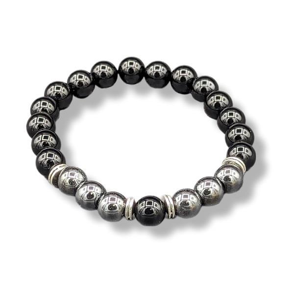 10mm Bracelet Black Agate & Hematite Mens