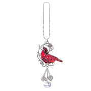 Red bird-shaped car charm with a chain on a white background