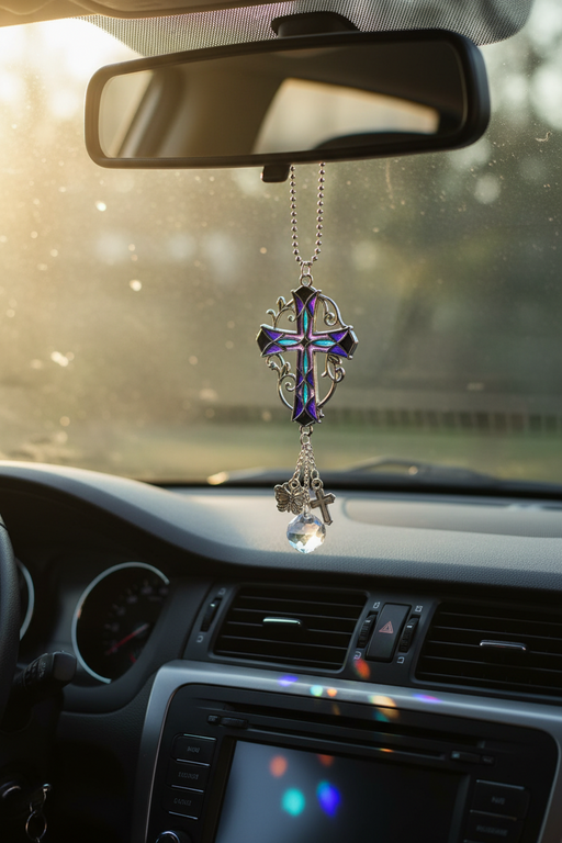 Car dashboard with a decorative cross hanging from the rearview mirror