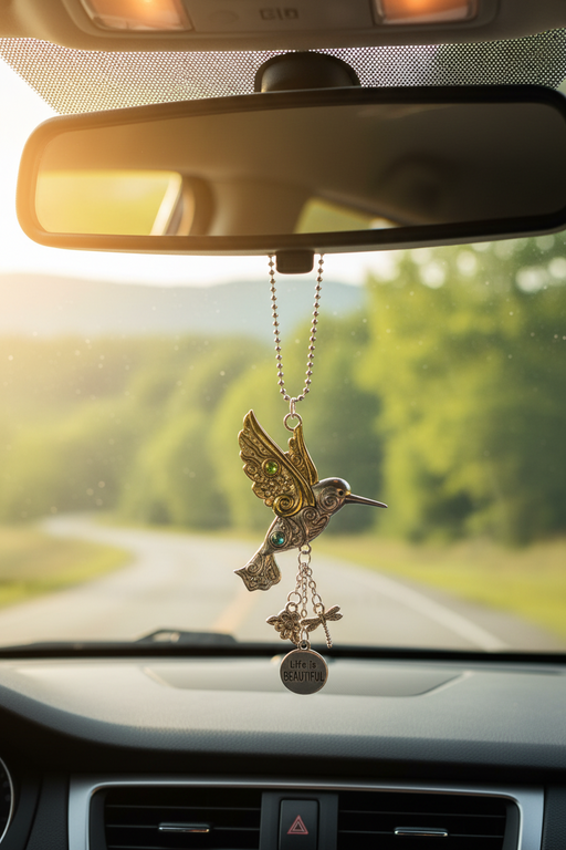 A gold and silver metal hummingbird car charm with a  medallion, hanging from a car's rearview mirror on a road trip.